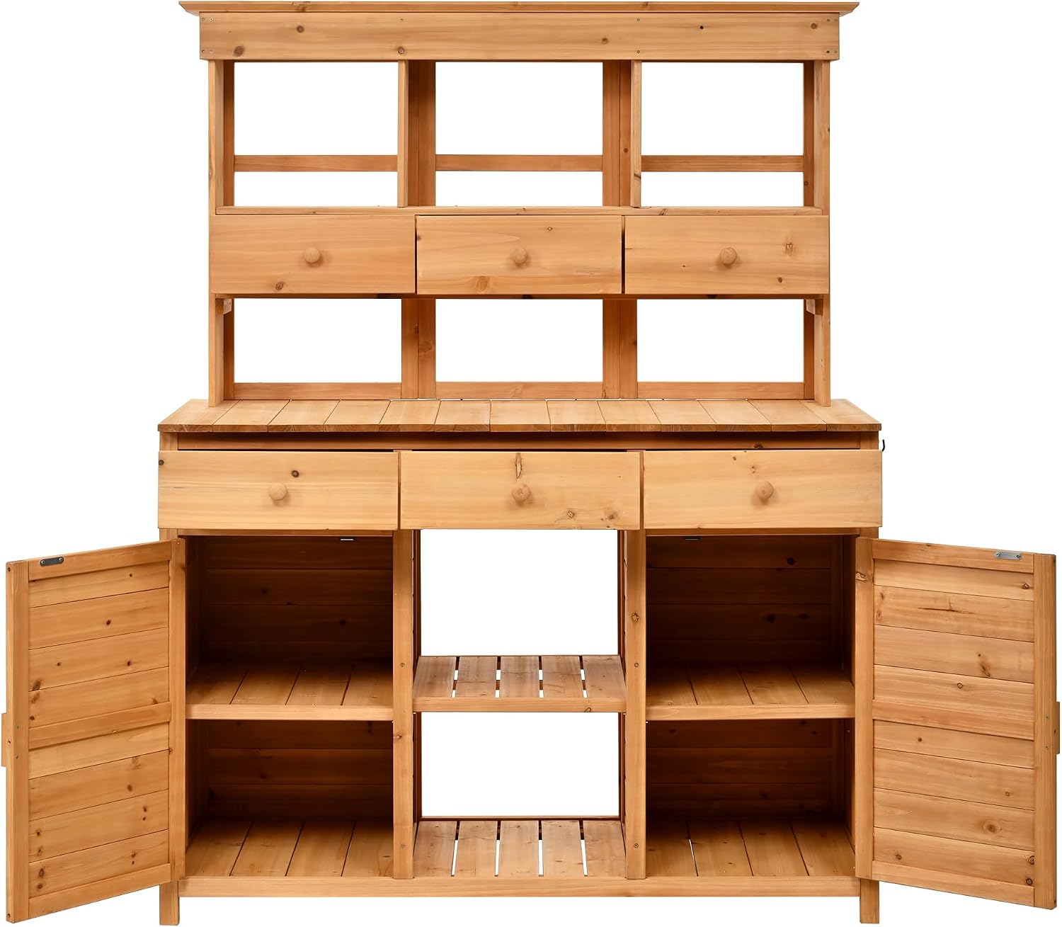 LUMISOL Garden Potting Bench Table with Hutch, Solid Fir Wood Patio Storage Workstation with 3 Shelves, 6 Drawers, 2 Bottom Cabinet and Side Hooks for Mudroom, Doorway, Natural