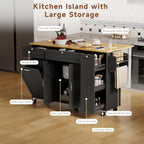 ONBRILL Kitchen Island with Storage, Island Table with Drop Leaf and Power Outlet, Kitchen Island on Wheels with Trash Cabinet, Spice Rack & Towel Rack, Black