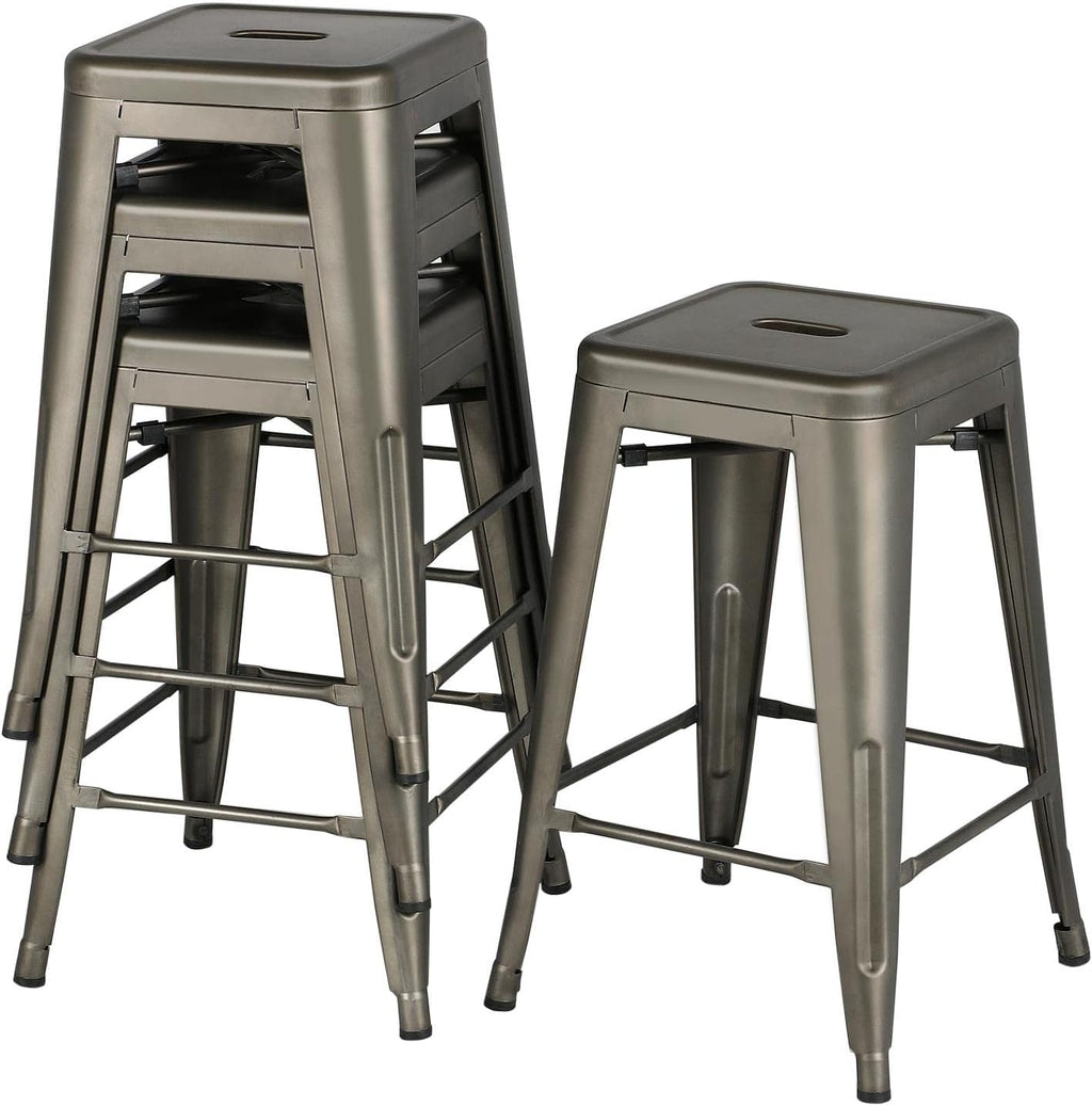 Yaheetech 24'' Metal Bar Stools Counter Height Barstools Set of 4 High Backless Industrial Stackable Chairs for Indoor and Outdoor, Gun Metal