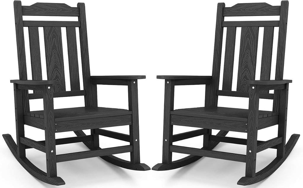 SERWALL HDPE Oversized Outdoor Rocking Chairs Set of 2, Patio Rocker, Black | Heavy Duty Front Porch Rocker, All Weather Rocking Chairs for Adults, Durable