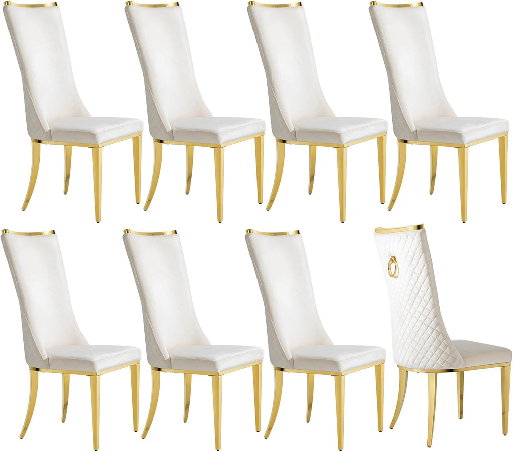 RGZ Modern High Back Upholstered Dining Chairs Set of 8, Beige Velvet Kitchen Side Chairs, Luxury Dining Accent Chairs with Comfy Cushion, Golden Stainless Steel Legs for Dining Room Home(Only Chairs)
