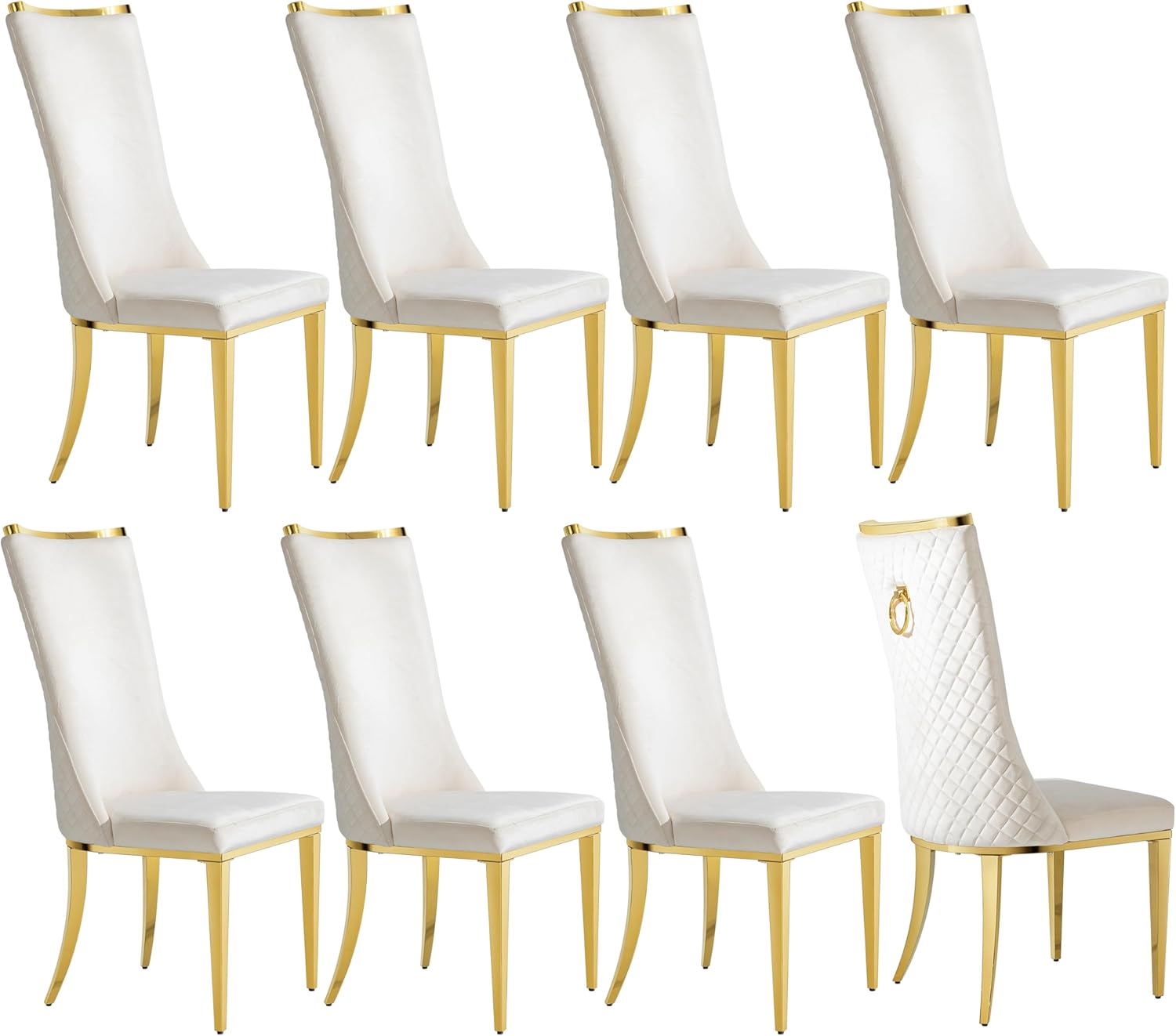 RGZ Modern High Back Upholstered Dining Chairs Set of 8, Beige Velvet Kitchen Side Chairs, Luxury Dining Accent Chairs with Comfy Cushion, Golden Stainless Steel Legs for Dining Room Home(Only Chairs)