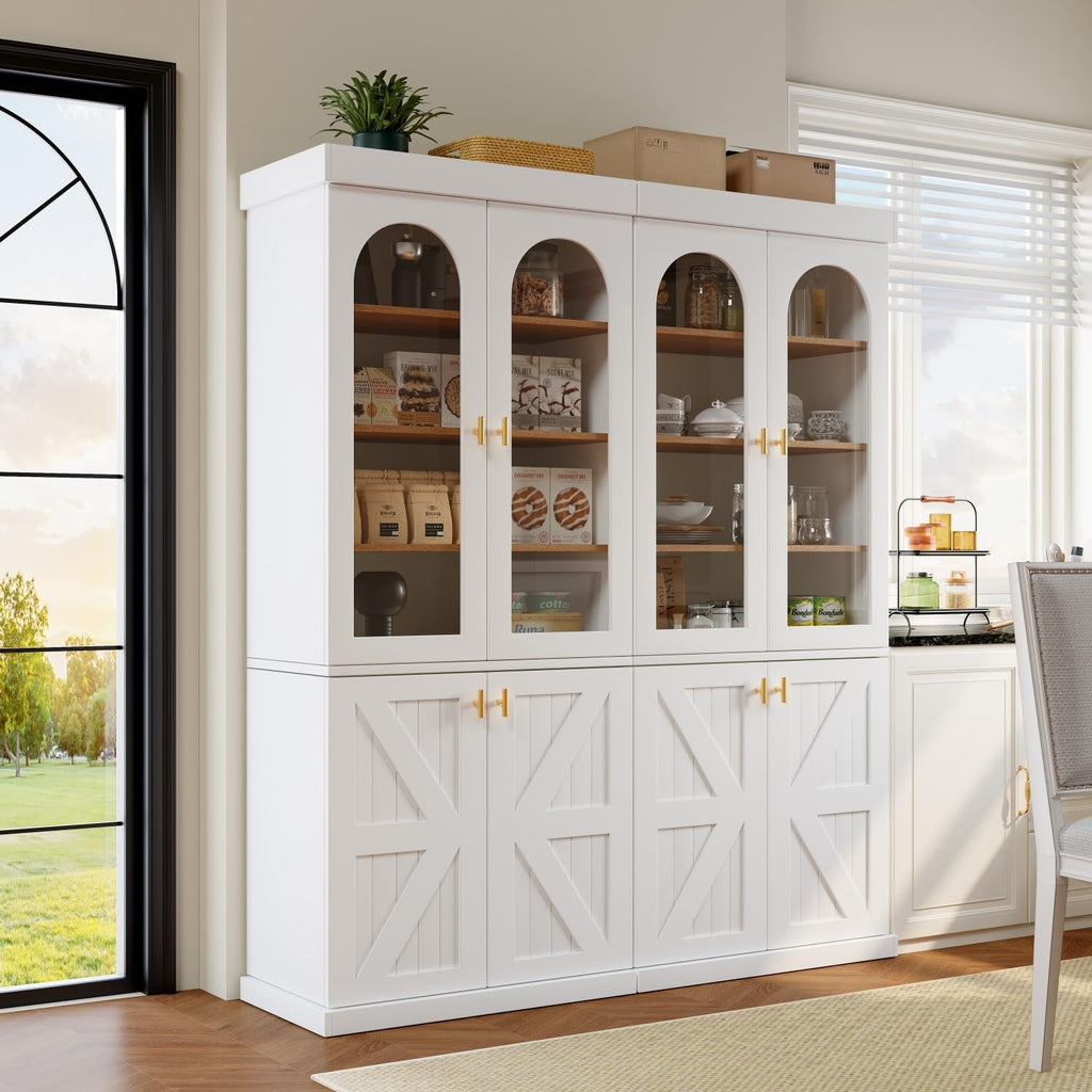 Farmhouse Kitchen Pantry Cabinet Set of 3, 71-Inch Tall Wood Hutch with Glass Doors, Adjustable Shelves & Large Storage, Versatile Cabinet for Dining Room, Living Room, White
