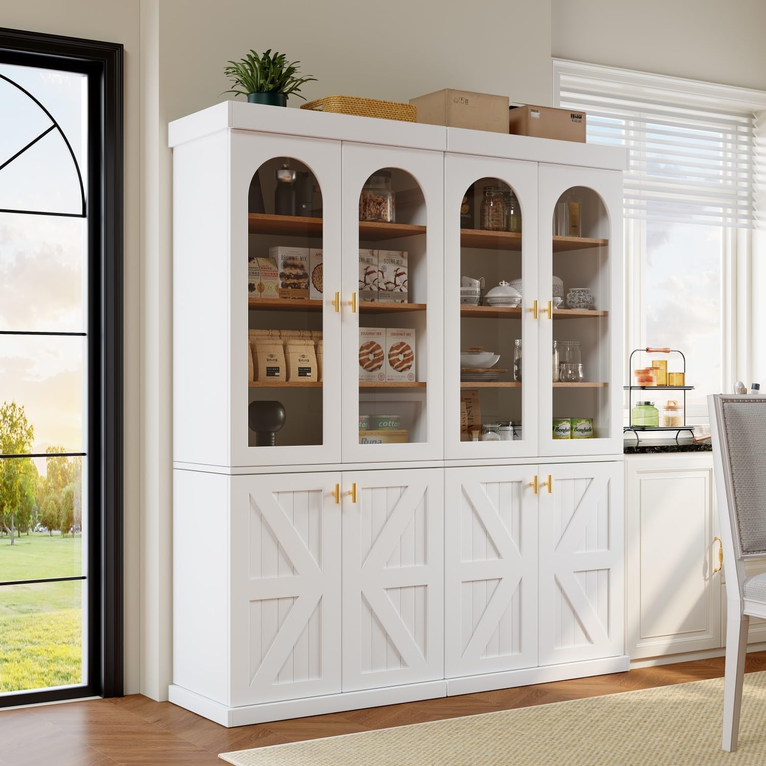 Farmhouse Kitchen Pantry Cabinet Set of 3, 71-Inch Tall Wood Hutch with Glass Doors, Adjustable Shelves & Large Storage, Versatile Cabinet for Dining Room, Living Room, White