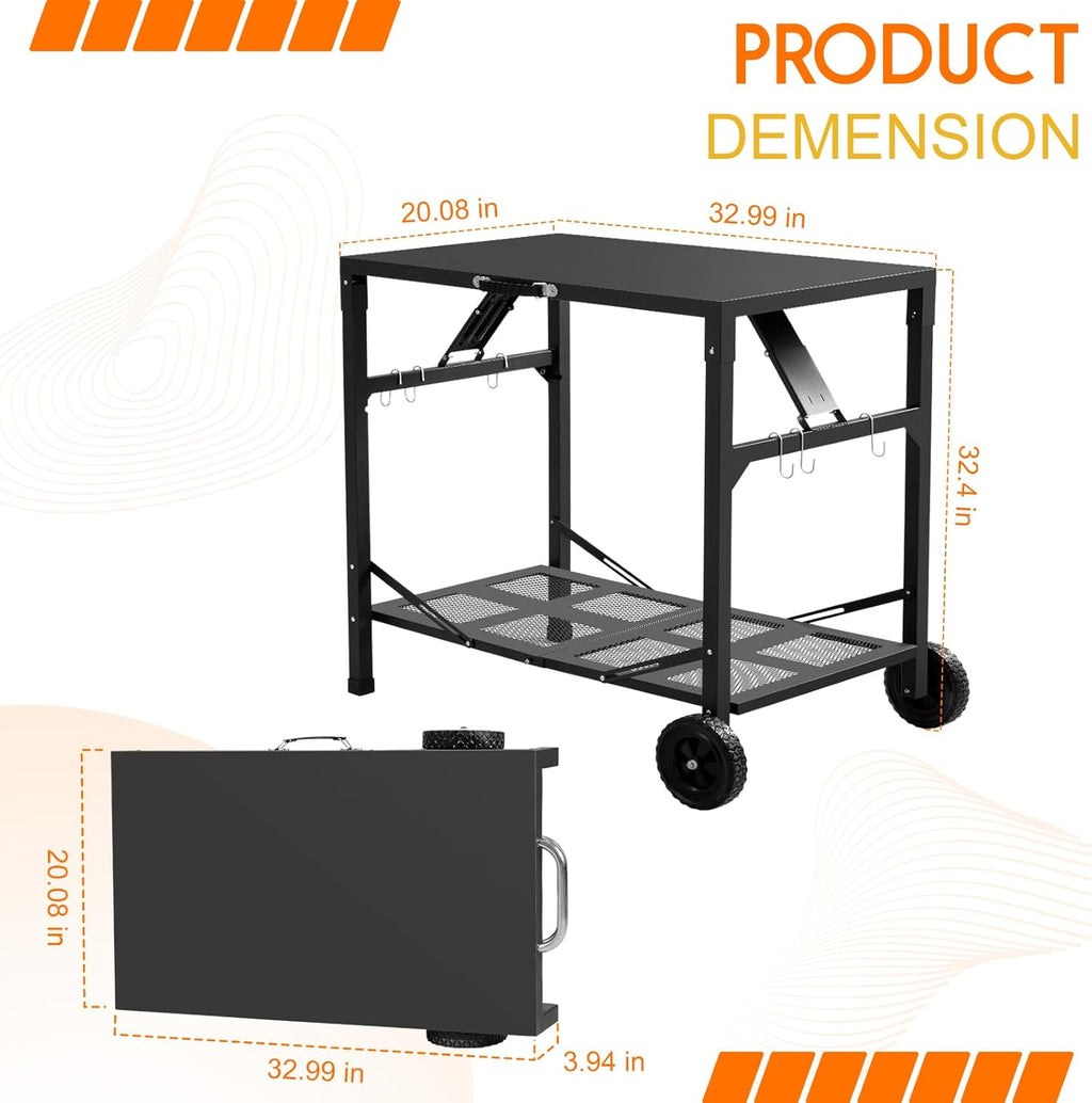 KHAMAL Grill Cart Outdoor with Wheels - Foldable Pizza Oven Stand Table, Portable Dining Cart Table for Outdoor, BBQ, Indoor, Kitchen(Black with Silver Handle)