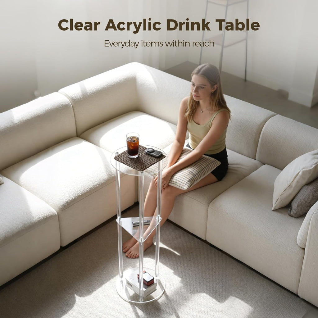 Clear Acrylic Drink Table, 24 in Tall Slim Side Table with Round Top, Modern Acrylic End Table for Sofa or Couch, Small Narrow Accent Table for Living Room, Bedroom, Office Use