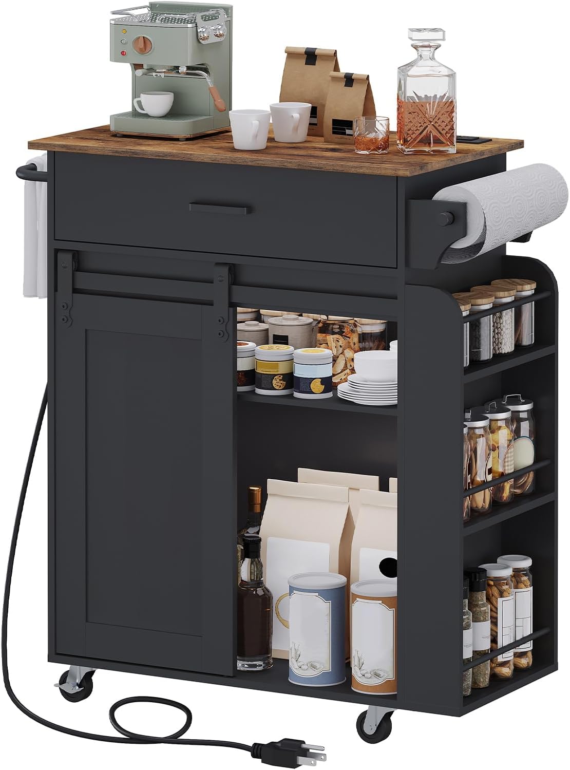 YATINEY Kitchen Island with Storage, Mobile Kitchen Cart with Charging Station, Kitchen Island on Wheels, Rolling Island Table with Sliding Cabinet Door, Black and Rustic Brown ZD01UBR
