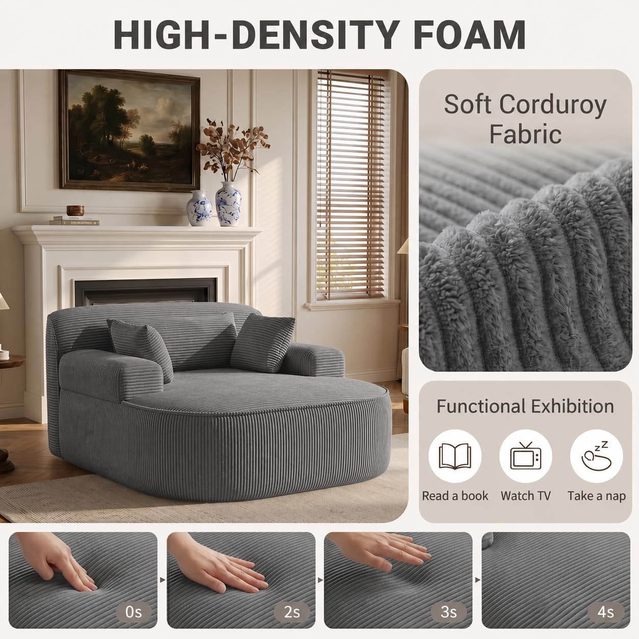 Oversized Chaise Lounge Chair Indoor, Boneless Couch Cloud Chair with 3 Comfy Pillows, Corduroy High-Density Foam Reading Chair, Wide Arms Bed Sleeper Sofa for Living Room Bedroom Relaxing