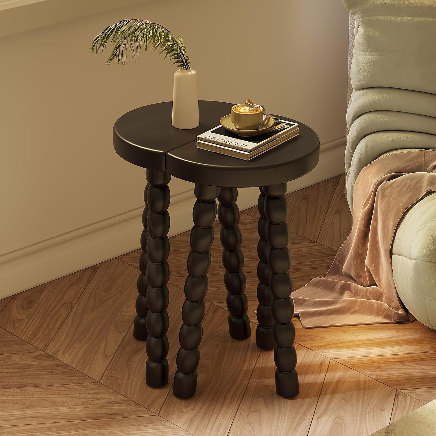 LitaEther Wooden Bobbin Side Table - Plant Stand - Half Round Table - Wooden Accent Stool- Minimalist Decorative Table for Bedroom, Hallway, Living Room (2, Black)