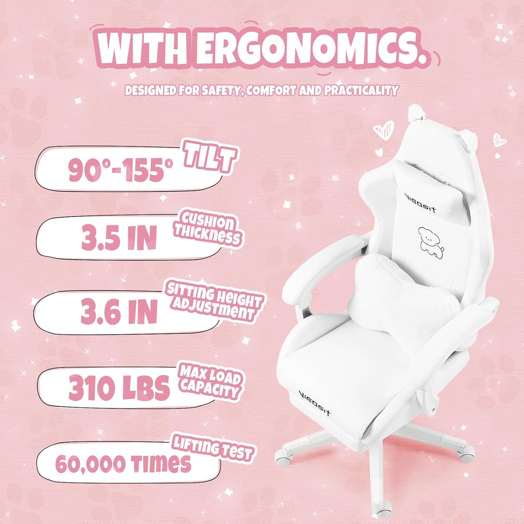 Vigosit White Dog Gaming Chair - Kawaii Design for Competitive Gamers & Adults, Ergonomic High Back with Lumbar Support, 310lbs Capacity