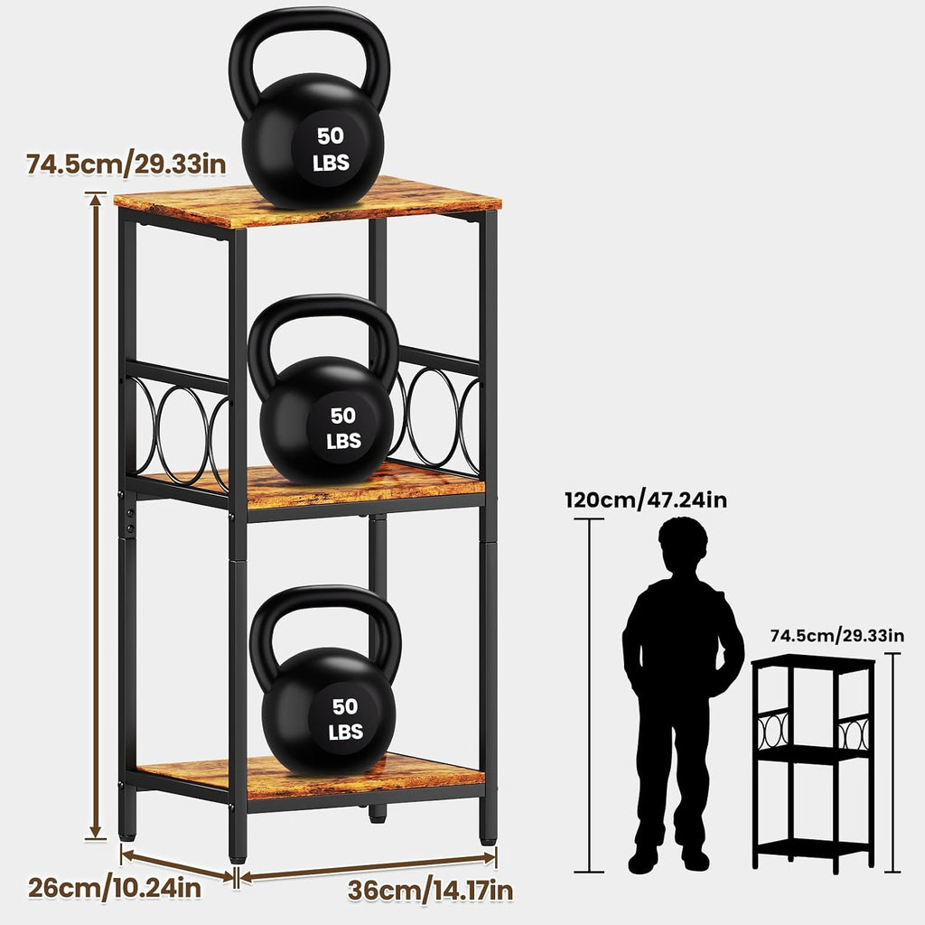 Side Table 3-Tier End Table with Adjustable Shelf Modern Tall Nightstand Small Narrow Accent Table Stand for Living Room Bedroom, Office, Rustic Brown and Black.