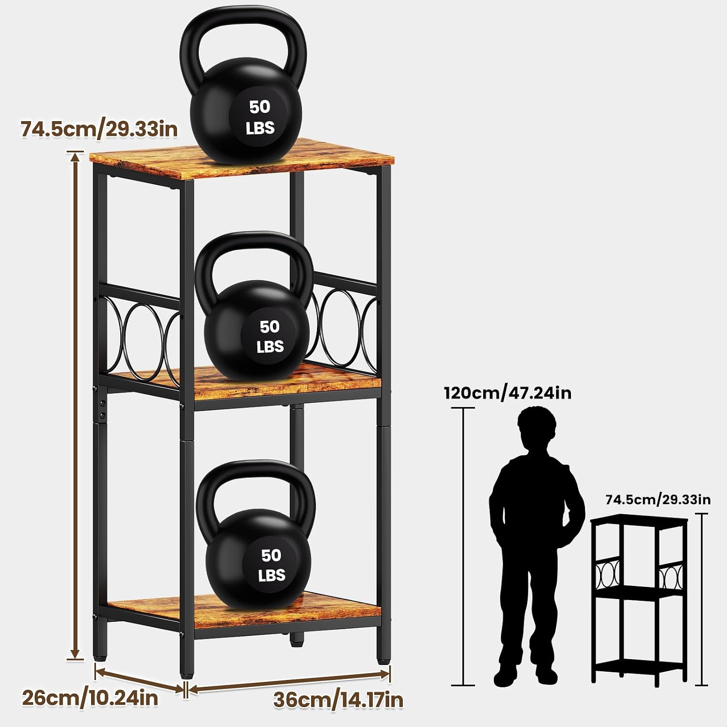 Side Table 3-Tier End Table with Adjustable Shelf Modern Tall Nightstand Small Narrow Accent Table Stand for Living Room Bedroom, Office, Rustic Brown and Black.