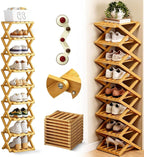 9-Tier Pre-Assembled Bamboo Storage Shelf — Foldable Bamboo Corner Shoe Rack | Space-Saving, Narrow Shoe Rack (No Assembly Required) — Ideal for Entryways, Closets, and Dorm Rooms (Brown, 9-Tier)