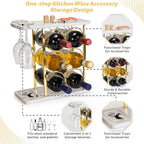 Gold Wine Rack with Glass Holder, Countertop Wooden Wine Holder for 6 Bottles & 2 Glasses, Includes Storage Trays for Corks & Openers – Perfect White & Gold Wine Display for Home Bar & Kitchen Decor