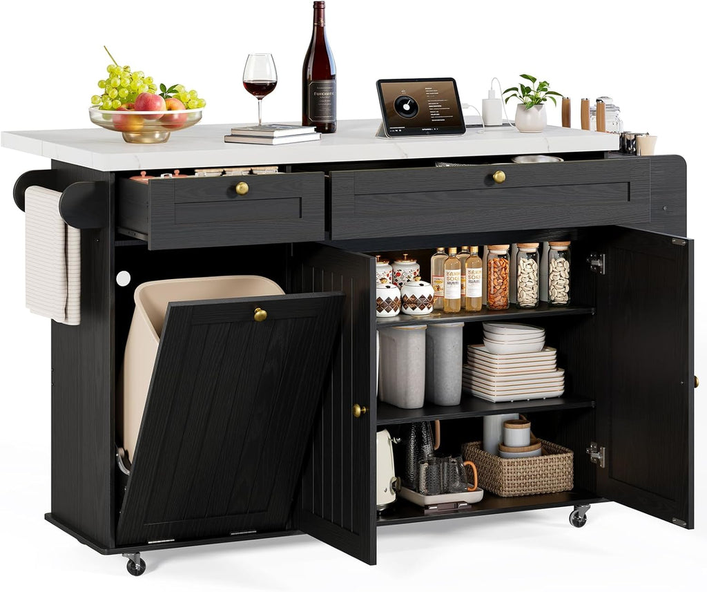 ONBRILL 60" Kitchen Island with Power Outlet & Drop Leaf, Rolling Island with Spice Rack & Towel Rack, Kitchen Island Cart with Trash Storage Cabinet, Island Table for Kitchen, Black+Imitation Marble