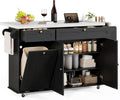 ONBRILL 60" Kitchen Island with Power Outlet & Drop Leaf, Rolling Island with Spice Rack & Towel Rack, Kitchen Island Cart with Trash Storage Cabinet, Island Table for Kitchen, Black+Imitation Marble
