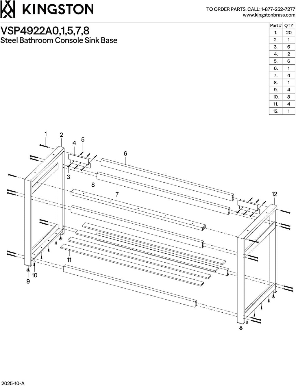 Kingston Brass VSP4922A8 Fauceture 49-Inch x 22-Inch Steel Console Sink Base, Brushed Nickel