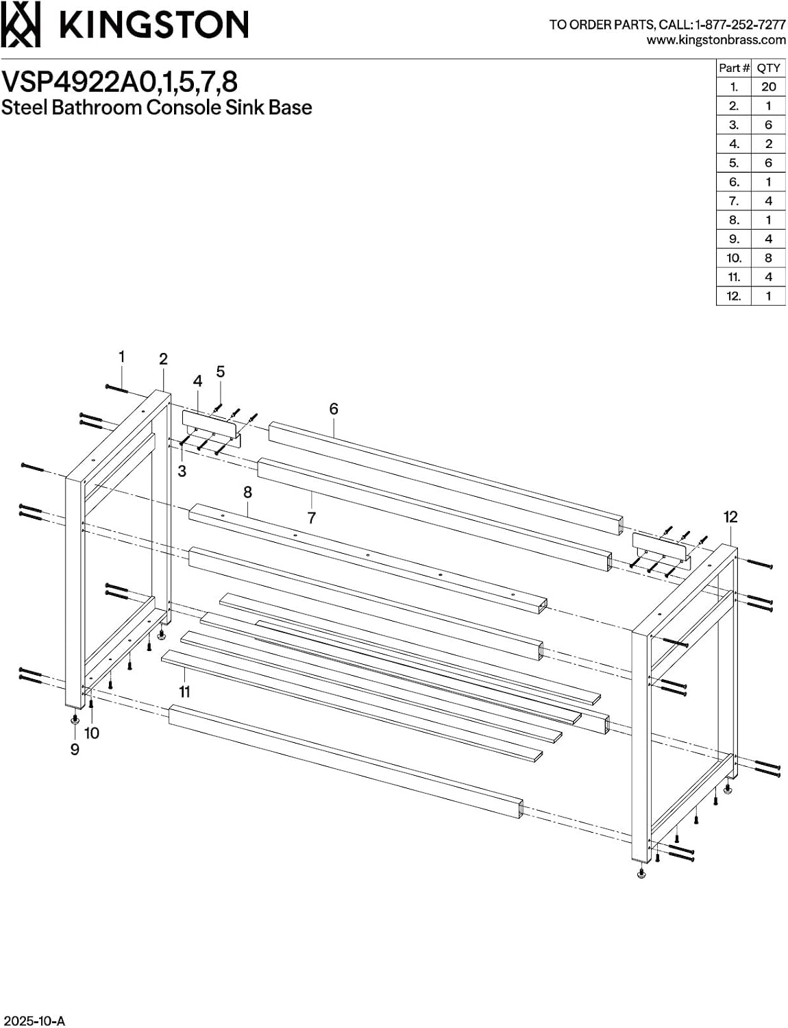 Kingston Brass VSP4922A8 Fauceture 49-Inch x 22-Inch Steel Console Sink Base, Brushed Nickel