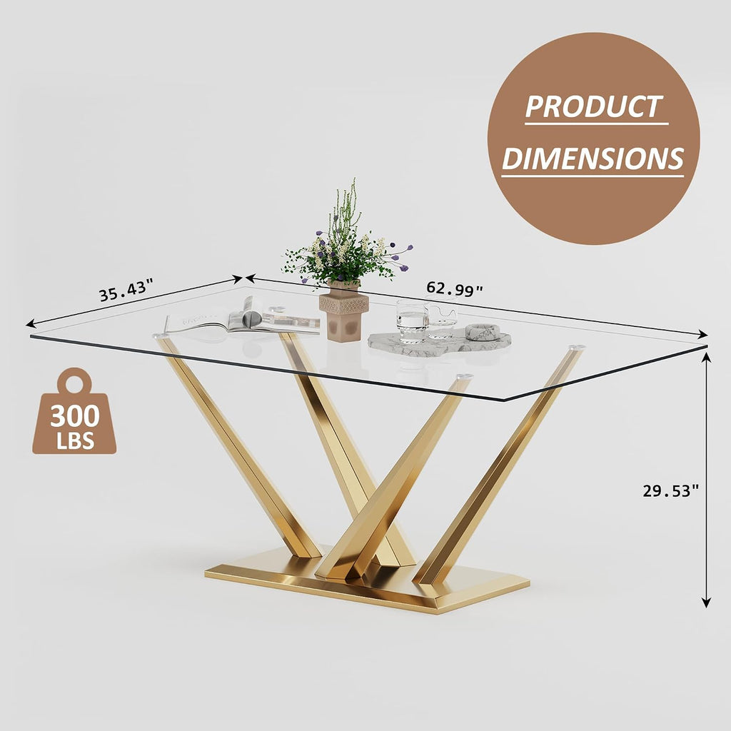 Rectangle Glass Dining Table for 4-6, 62" with Tempered Glass Table Top and Crossed Stainless Steel Base, Modern Kitchen Table for Home, Kitchen, Dining Room, Gold