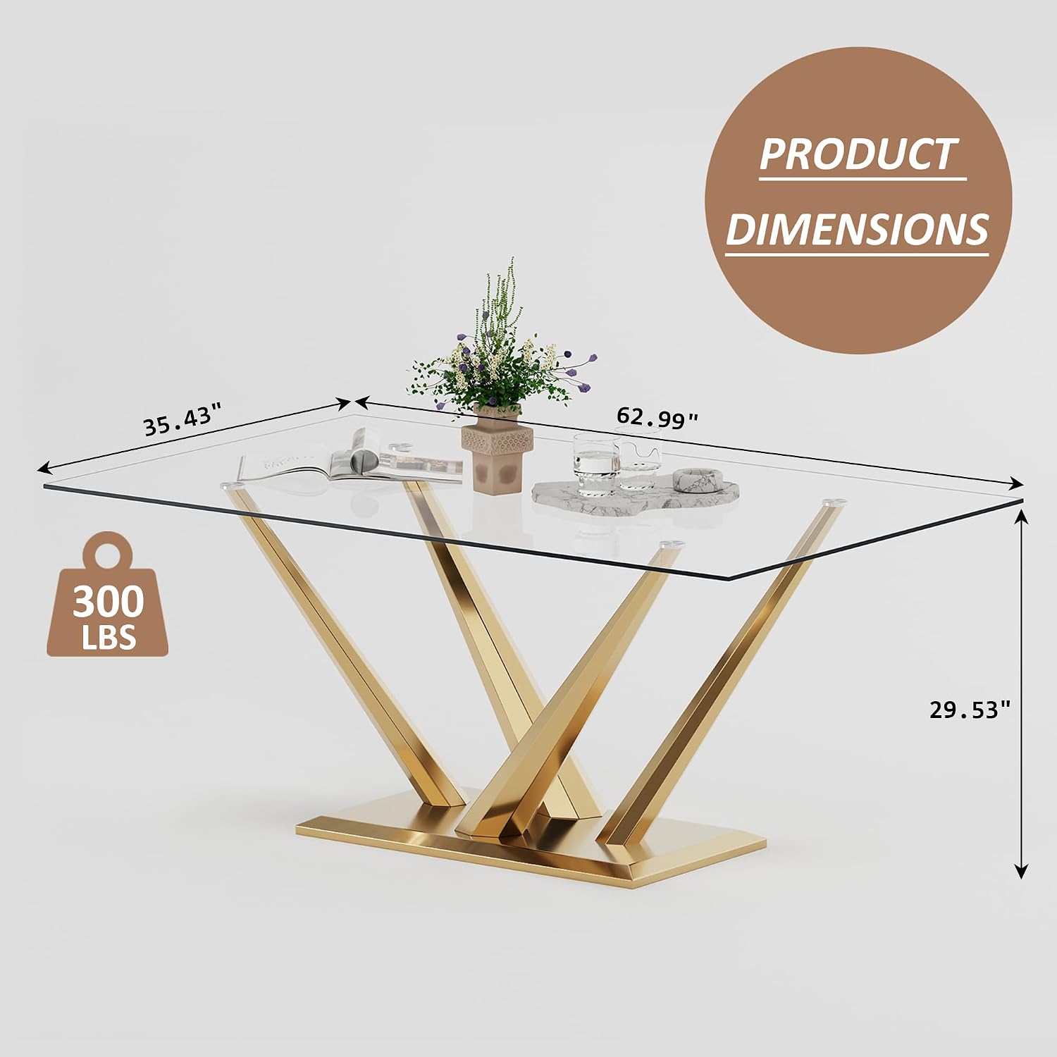 Rectangle Glass Dining Table for 4-6, 62" with Tempered Glass Table Top and Crossed Stainless Steel Base, Modern Kitchen Table for Home, Kitchen, Dining Room, Gold