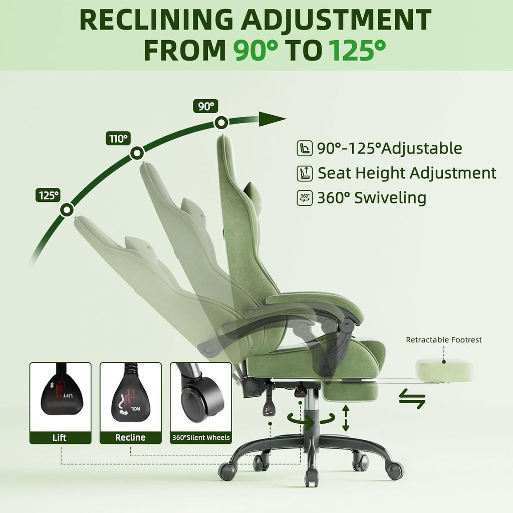Gaming Chair Racing for Adult, Office Chair with Footrest Massage Lumbar Cushion, Velvet Fabric Reclining Video Game Chairs, Ergonomic Computer Chairs Height Adjustable, for Home Streaming, Green