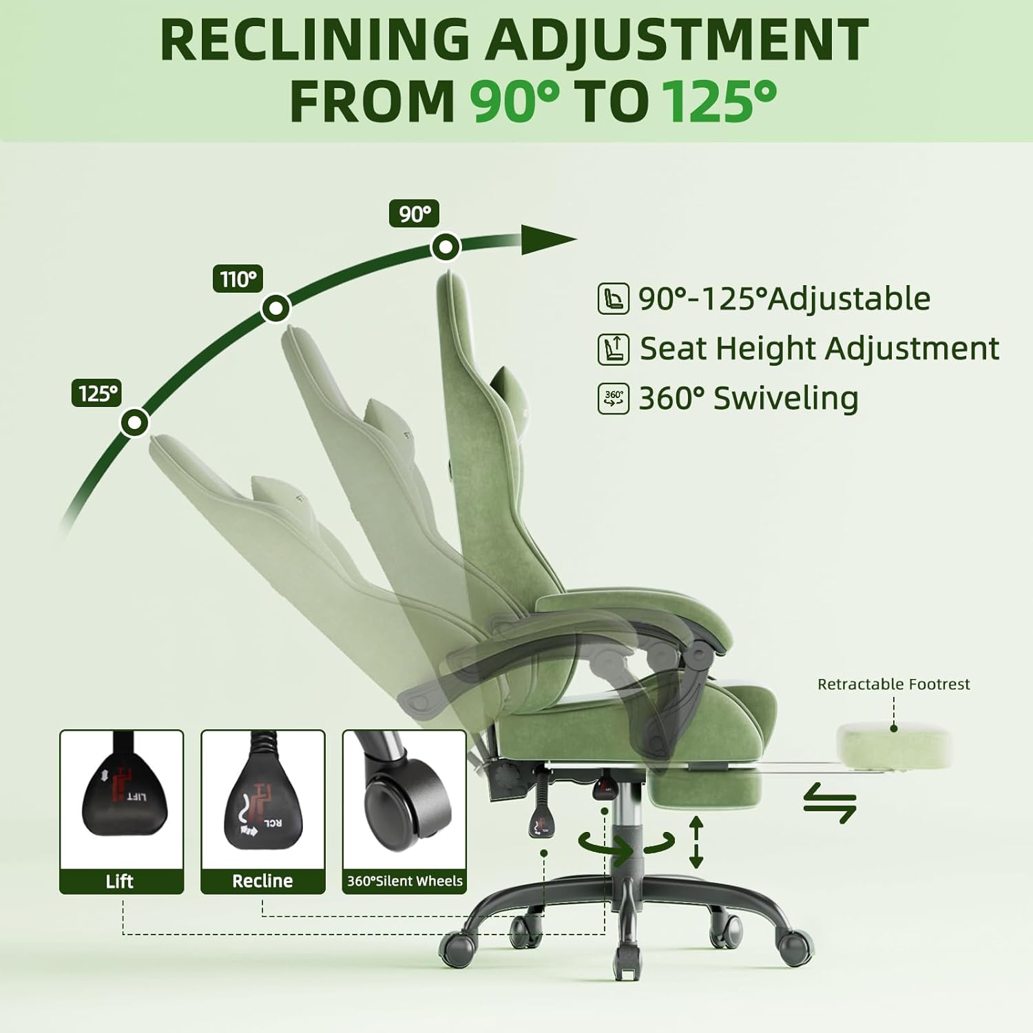 Gaming Chair Racing for Adult, Office Chair with Footrest Massage Lumbar Cushion, Velvet Fabric Reclining Video Game Chairs, Ergonomic Computer Chairs Height Adjustable, for Home Streaming, Green