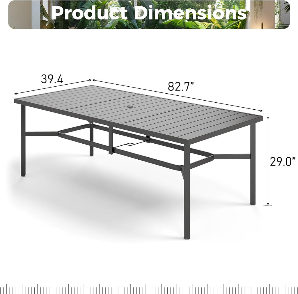MIXPATIO Outdoor Patio Dining Table for 8, 83" x 39" Rectangular Metal Patio Dining Table with 1.7" Umbrella Hole, All Weather Wrought Iron Black Outdoor Table for Garden, Backyard and Porch
