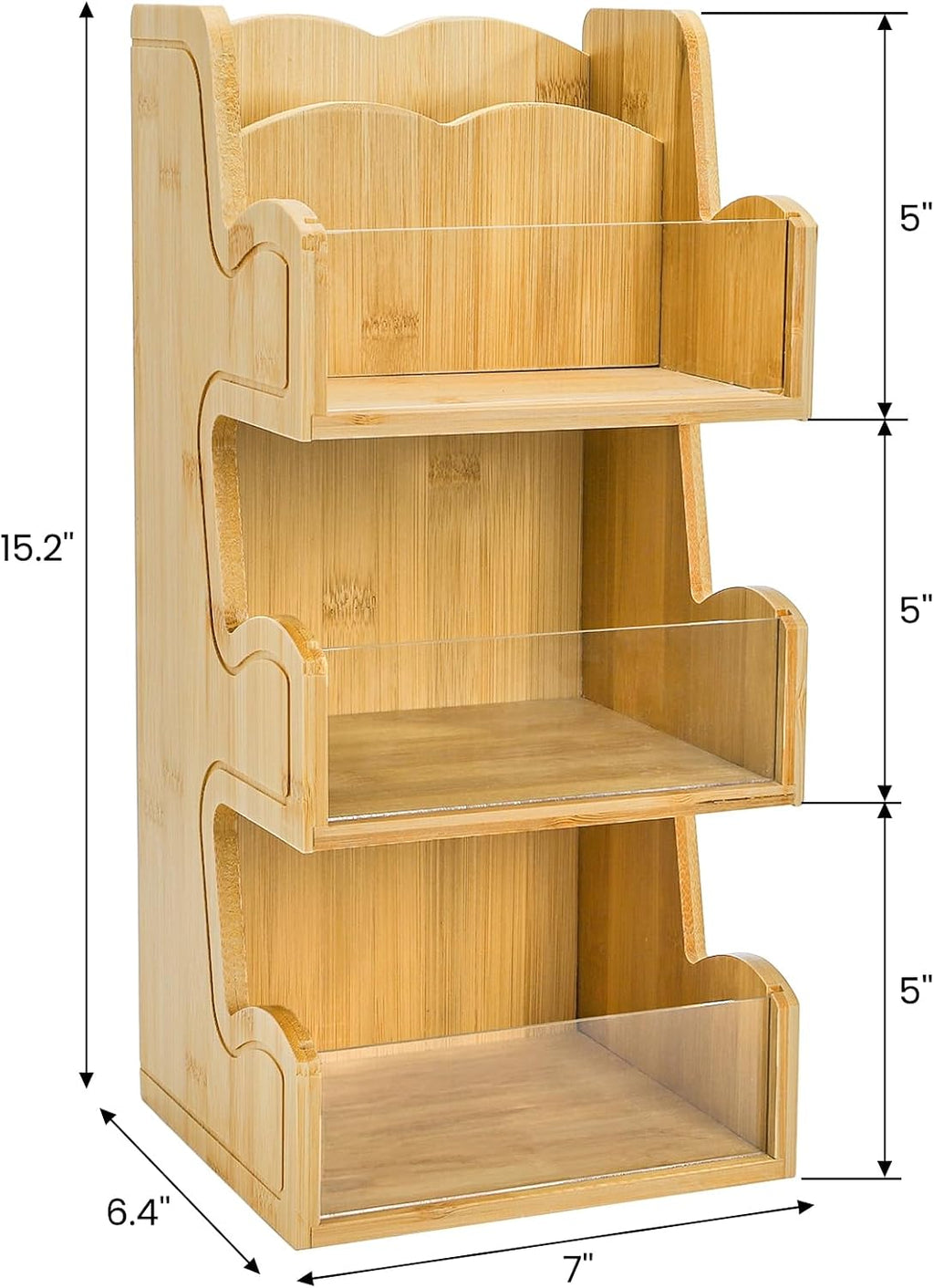 3 Tier Bamboo Coffee Condiment Station, 6 Compartments Coffee Tea Holder with Removable Acrylic Front Wall, Tabletop Organizer Sugar Pod Utensil for Countertop, Office, Home, Kitchen