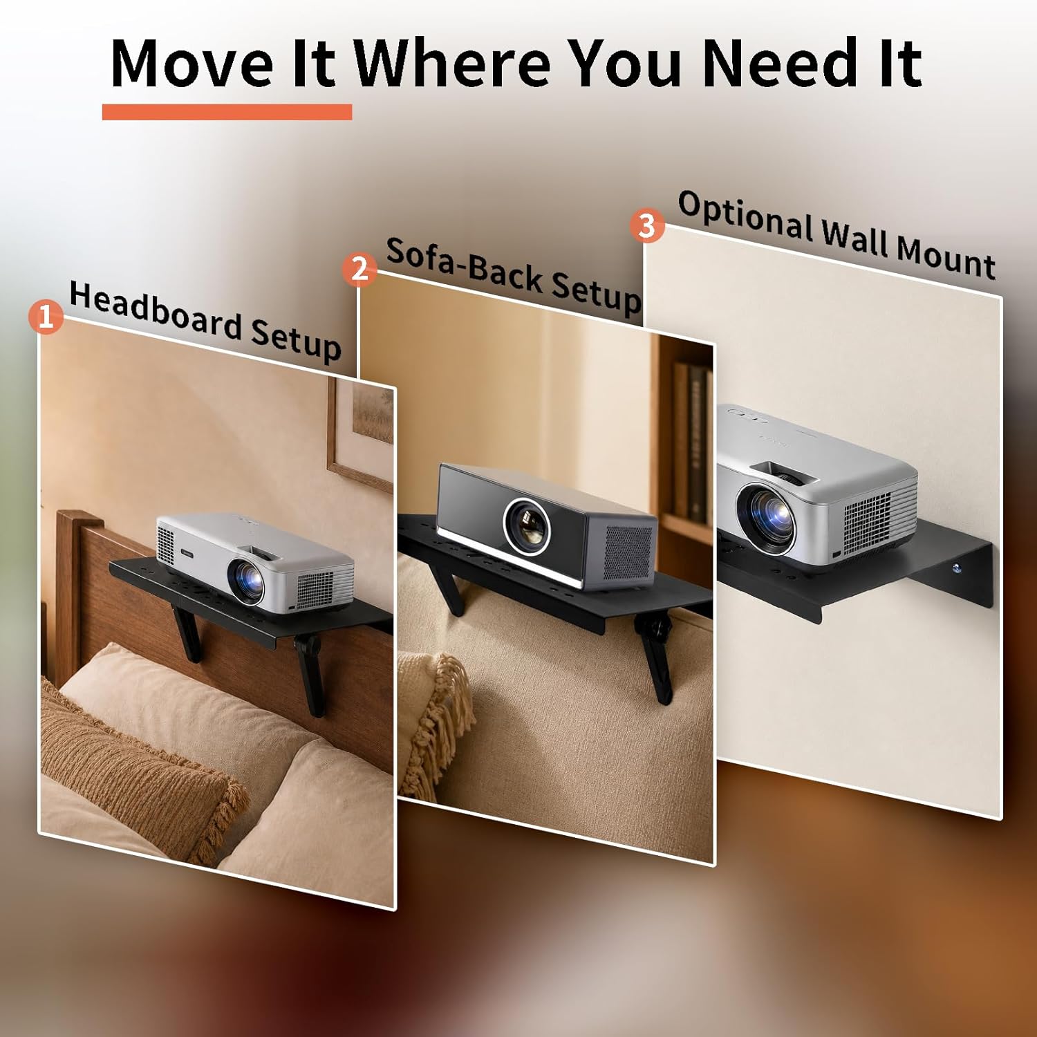 Projector Shelf, No Drill Projector Mount for Bed Frame & Sofa, 12x9.5 Inch, Movable with Wall Mount Option for Projector Shelf