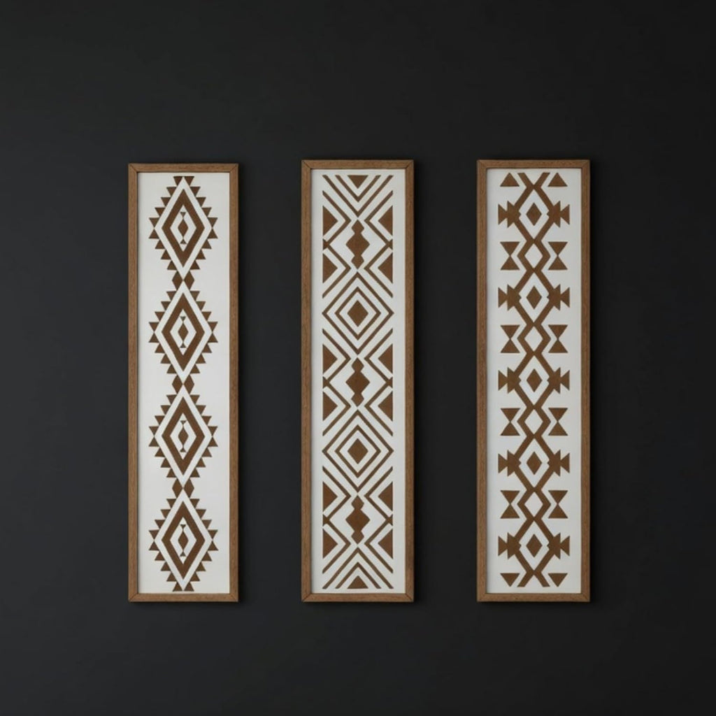 X DELUXE Minimalist Aztec Wood Wall Decor Set of 3 Geometric Scandinavian Boho Hanging Panels for Living Room Bedroom Hallway Office Modern Tribal MDF Wall Art Vertical Decorative Interior Accent
