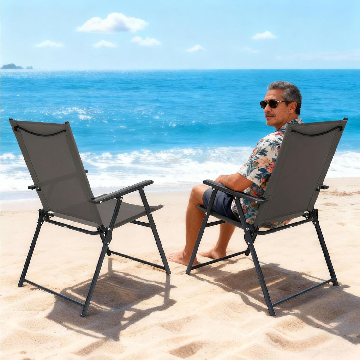 YLGJ&TIDY Folding Patio Chairs Set of 2 Stackable Outdoor Chairs with Armrests Backrest Portable Folding Chair for Patio Garden Camping Fishing Yard Lawn，No Assembly (Gray, 2 Pcs)