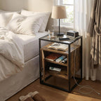 Side Table with 2 Tier Storage Cabinet, Small End Tables Wood Solid with Glass Top, Rustic Industrial Bedside Nightstand for Bedroom, Living Rooms, Small Spaces