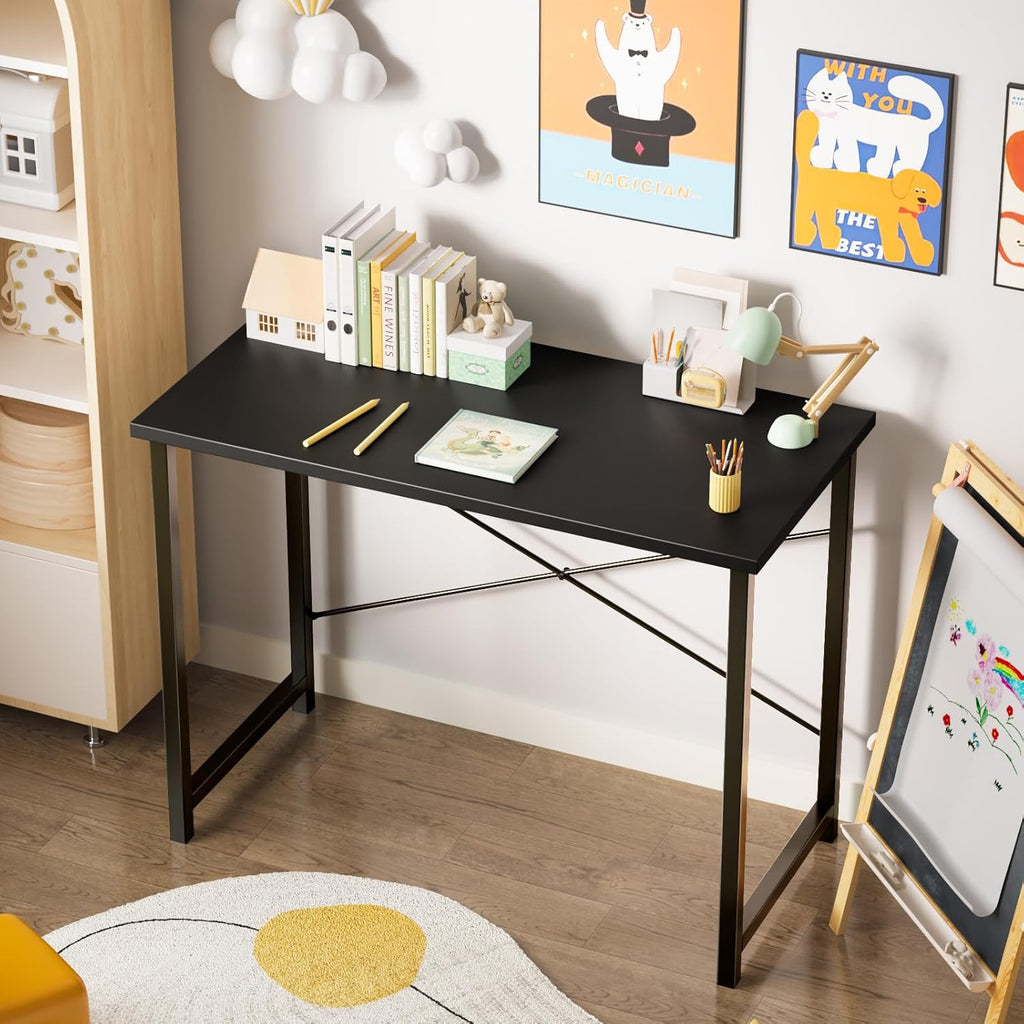 Sweetcrispy Small Computer Desk, 40" Office Writing Desk with Metal Frame & Wooden Top, X-Shaped Reinforcement, Student Study Workstation for Home Bedroom, Black