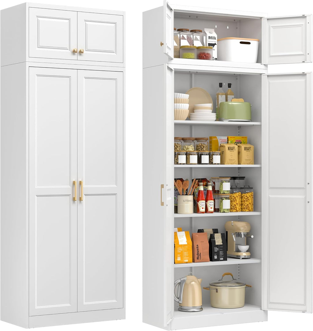 86" Tall Metal Kitchen Pantry Storage Cabinet with Doors and 4 Adjustable Shelves, Extra Large Heavy Duty Steel Storage Cabinet for Kitchen, Garage, Living Room, Pantry Cupboard, White (2 Packages)