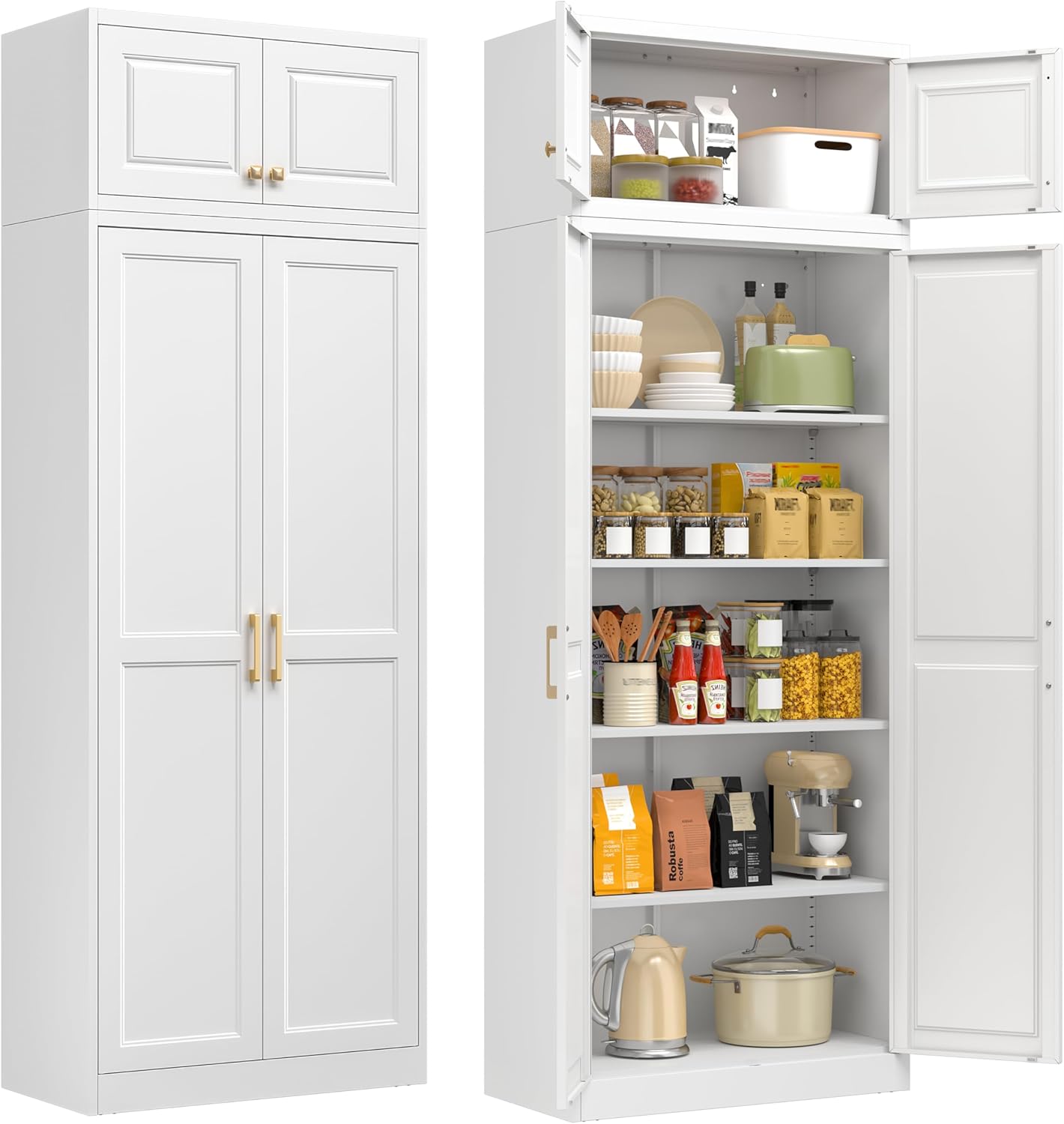 86" Tall Metal Kitchen Pantry Storage Cabinet with Doors and 4 Adjustable Shelves, Extra Large Heavy Duty Steel Storage Cabinet for Kitchen, Garage, Living Room, Pantry Cupboard, White (2 Packages)