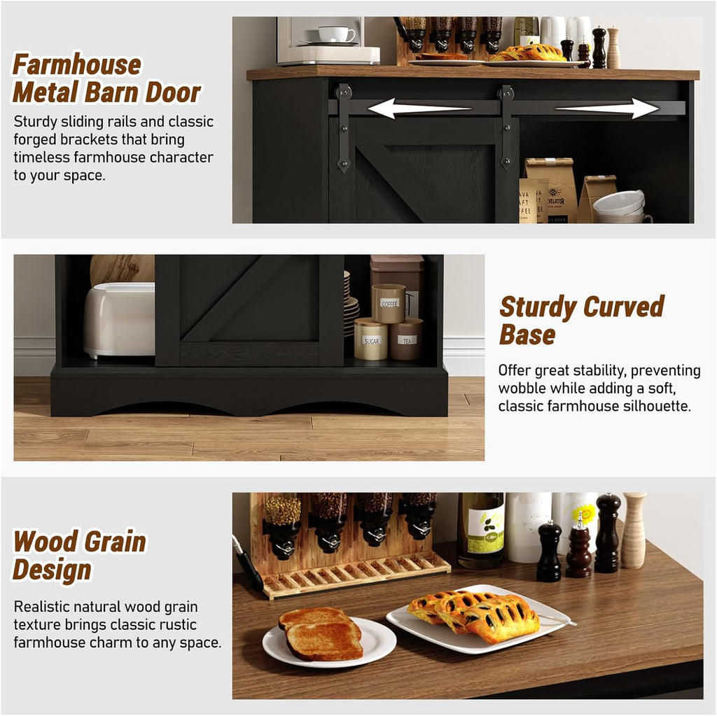HOMFAMILIA 31.5" H Farmhouse Coffee Bar Cabinet w/Storage, White Kitchen Coffee Station with Sliding Barn Door, Rustic Buffet Cabinet with Adjustable Shelves, for Kitchen, Living Room, Black