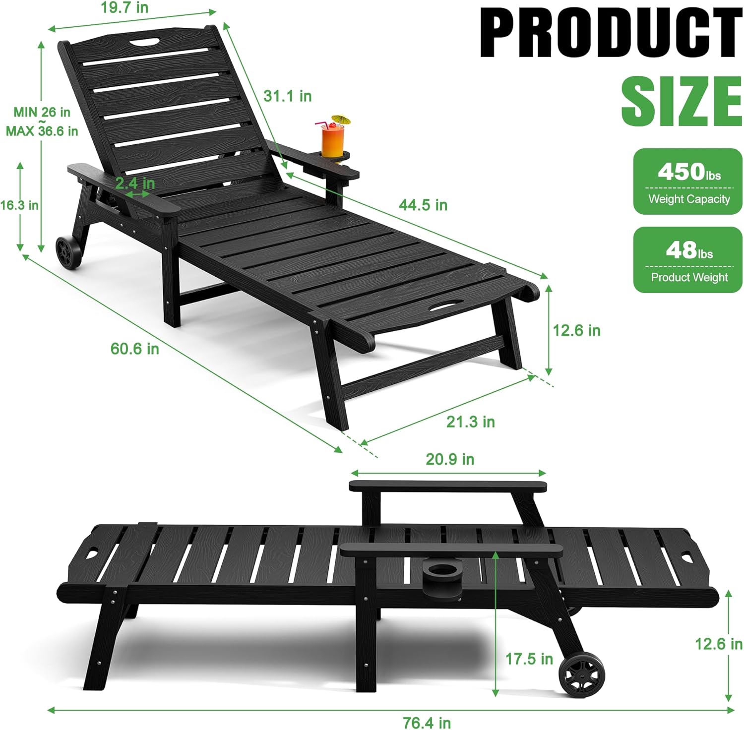 Outdoor Lounge Chair Set of 4 with 5-Position Adjustable, Outside Lounge Chair with Cup Holder, Wheels for Easy Mobility, HDPE Tanning Chair for Poolside, Patio, Black