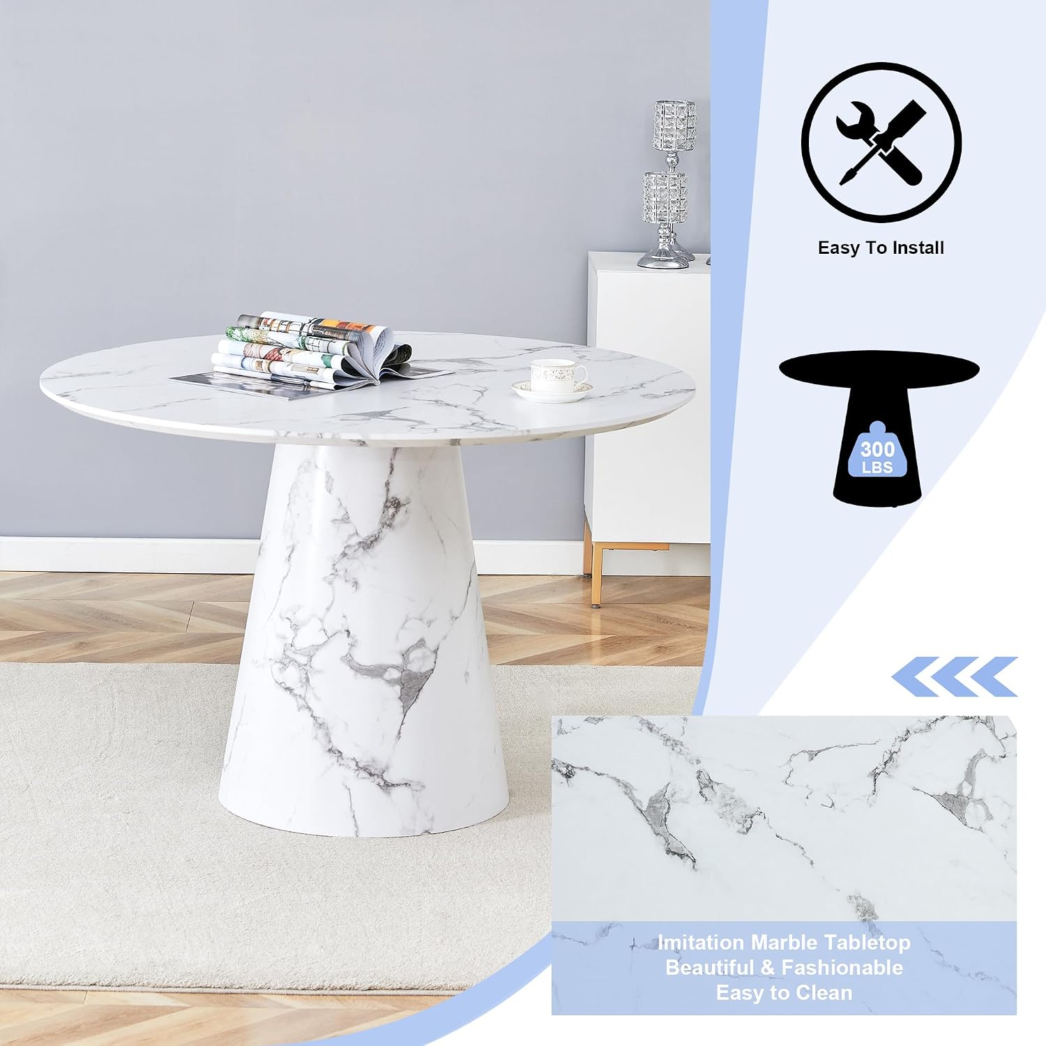 JUFU Round Dining Table Set for 4, 45" Modern Faux Marble Kitchen Table and Upholstered Chairs, 5 Piece Small Circle Dinette Set for Dining Room, Kitchen