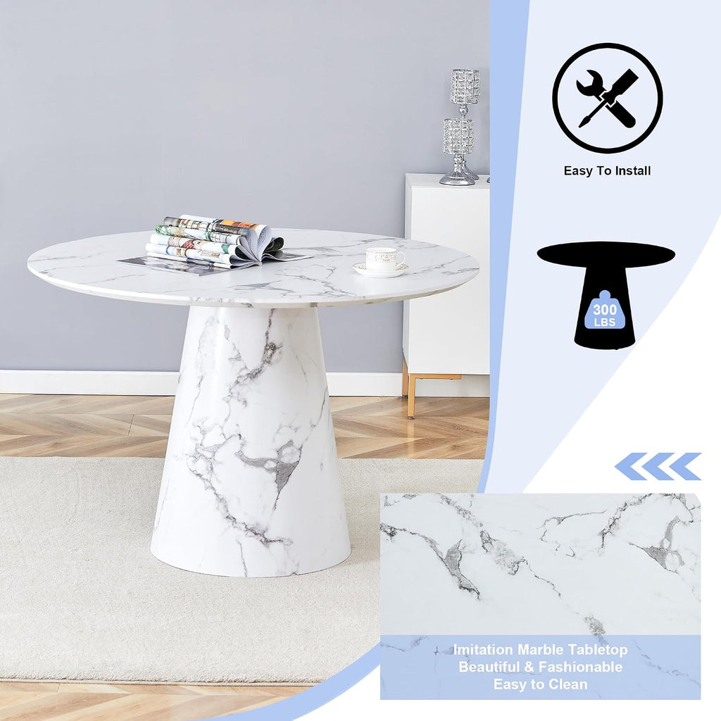 White Dining Table,45'' Round Dining Table for 4-6,Modern Marble-Look Kitchen Table with Stable Base,Space Saving Dinner Table for Kitchen,Apartment,Study.
