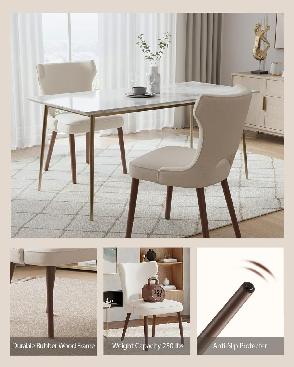 Wooden Dining Chairs Set of 4, Farmhouse Dining Room Chairs with Solid Wood Legs, Mid Century Fabric Kitchen Chairs, Upholstered Chair for Restaurant & Cafe- Beige