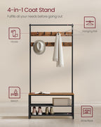 VASAGLE Hall Tree with Bench and Shoe Storage, Entryway Bench with Coat Rack Stand and Shoe Rack, 9 Movable Hooks, Top Bar, Fabric Shelves, Industrial, Rustic Brown and Black UHSR421B01