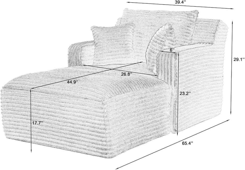 KEIKI 65.4" Indoor Single Chaise Sofa, Oversized Corduroy Lounge Chair for Bedroom & Reading Corner, No Assembly Comfy Sleeper Lounger with High Density Foam & Pocket Spring for Apartment Studio