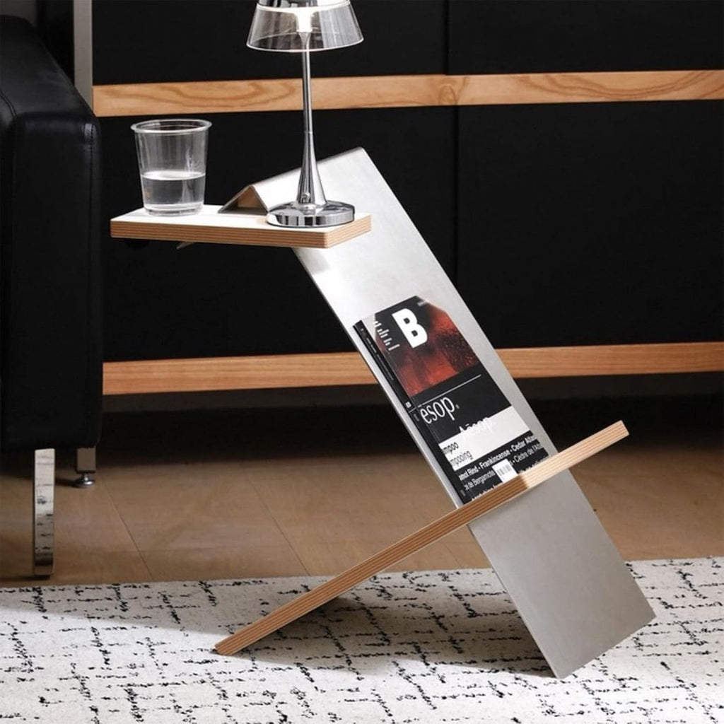 Modern Bauhaus Style Side Table, 201 Stainless Steel, Z-Shape Magazine Rack with Wood Shelves, Minimalist Sofa End Table for Couch Dinner Coffee Drink Table TV Snack Tray, 19.5 x 15.7 x 11.8 Inches