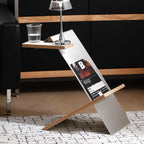 Modern Bauhaus Style Side Table, 201 Stainless Steel, Z-Shape Magazine Rack with Wood Shelves, Minimalist Sofa End Table for Couch Dinner Coffee Drink Table TV Snack Tray, 19.5 x 15.7 x 11.8 Inches