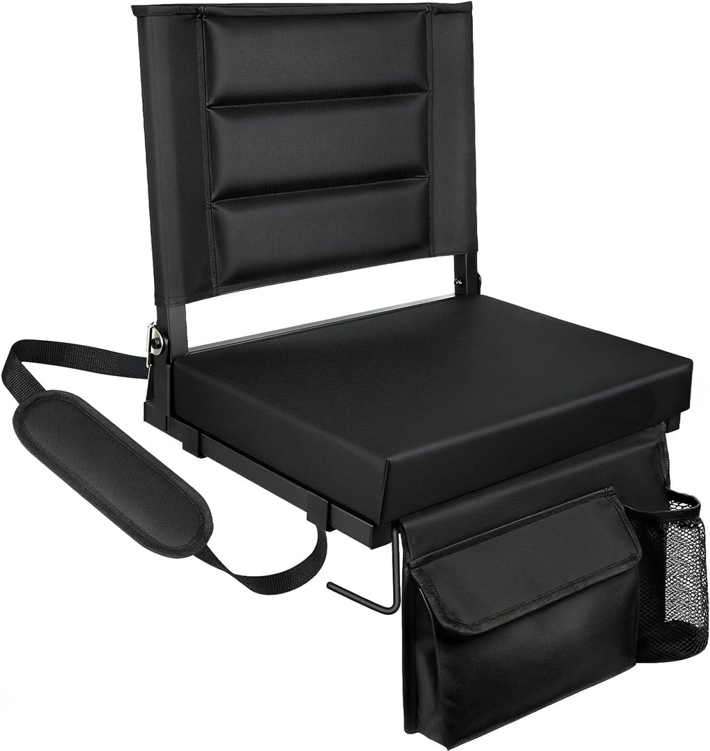 Stadium Seats with Back Support,Bleacher Chairs with Cushion, Portable Folding Stadium Chair with Removable Cushion and Large Pocket for School Events Sports Game(Black)
