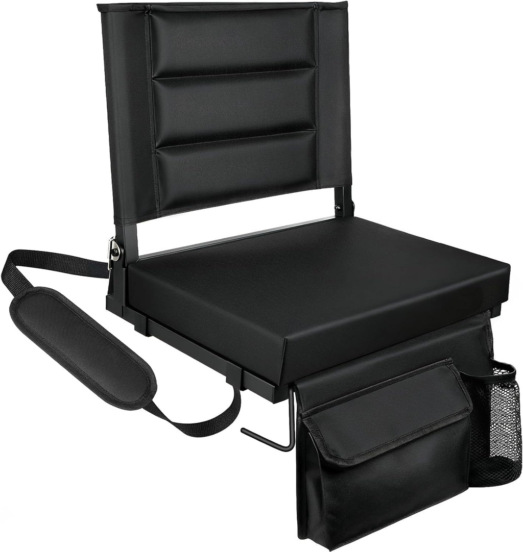 Stadium Seats with Back Support,Bleacher Chairs with Cushion, Portable Folding Stadium Chair with Removable Cushion and Large Pocket for School Events Sports Game(Black)