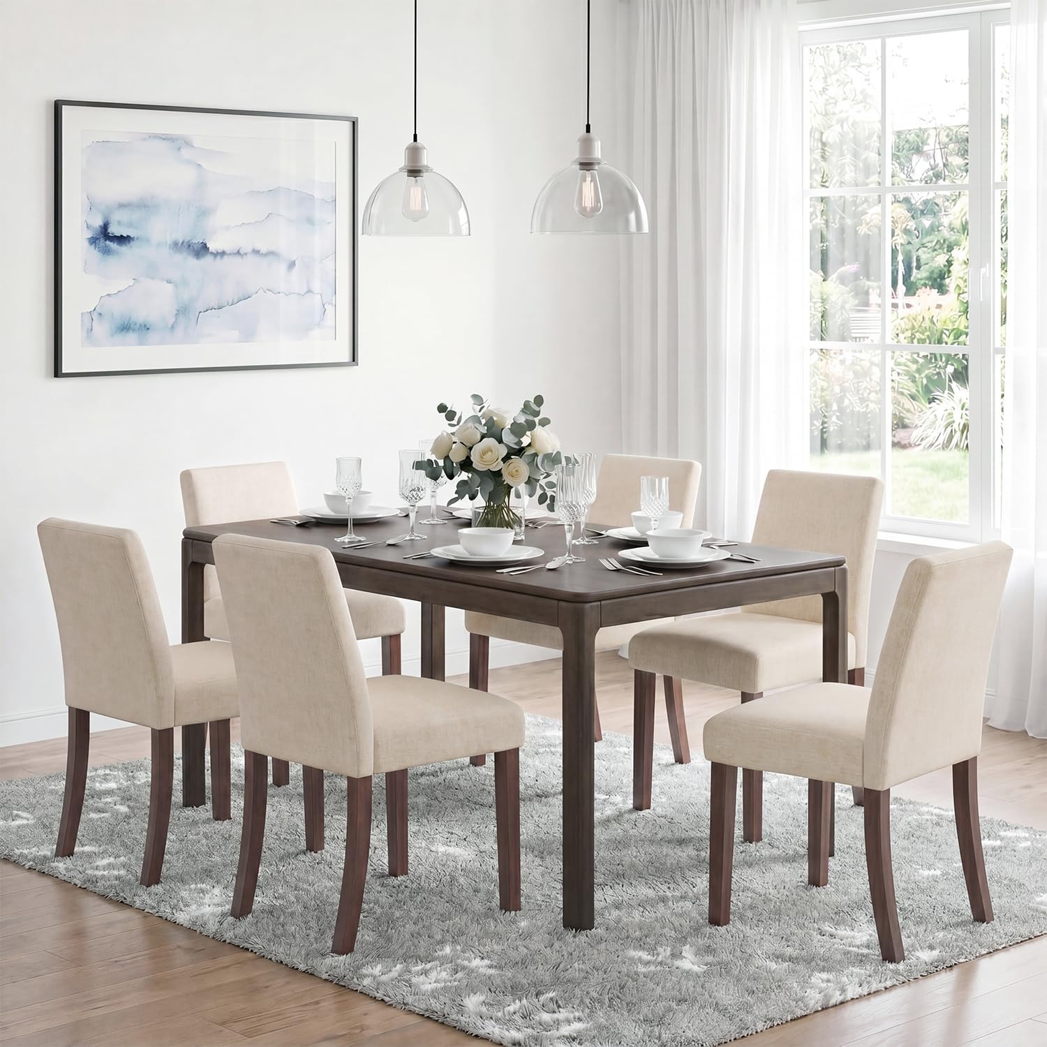 Upholstered Dining Chairs Set of 6, Mid-Century Dining Room Chairs with Wooden Legs, Farmhouse Fabric Parsons Chairs for Small Space Restaurant & Cafe- Beige