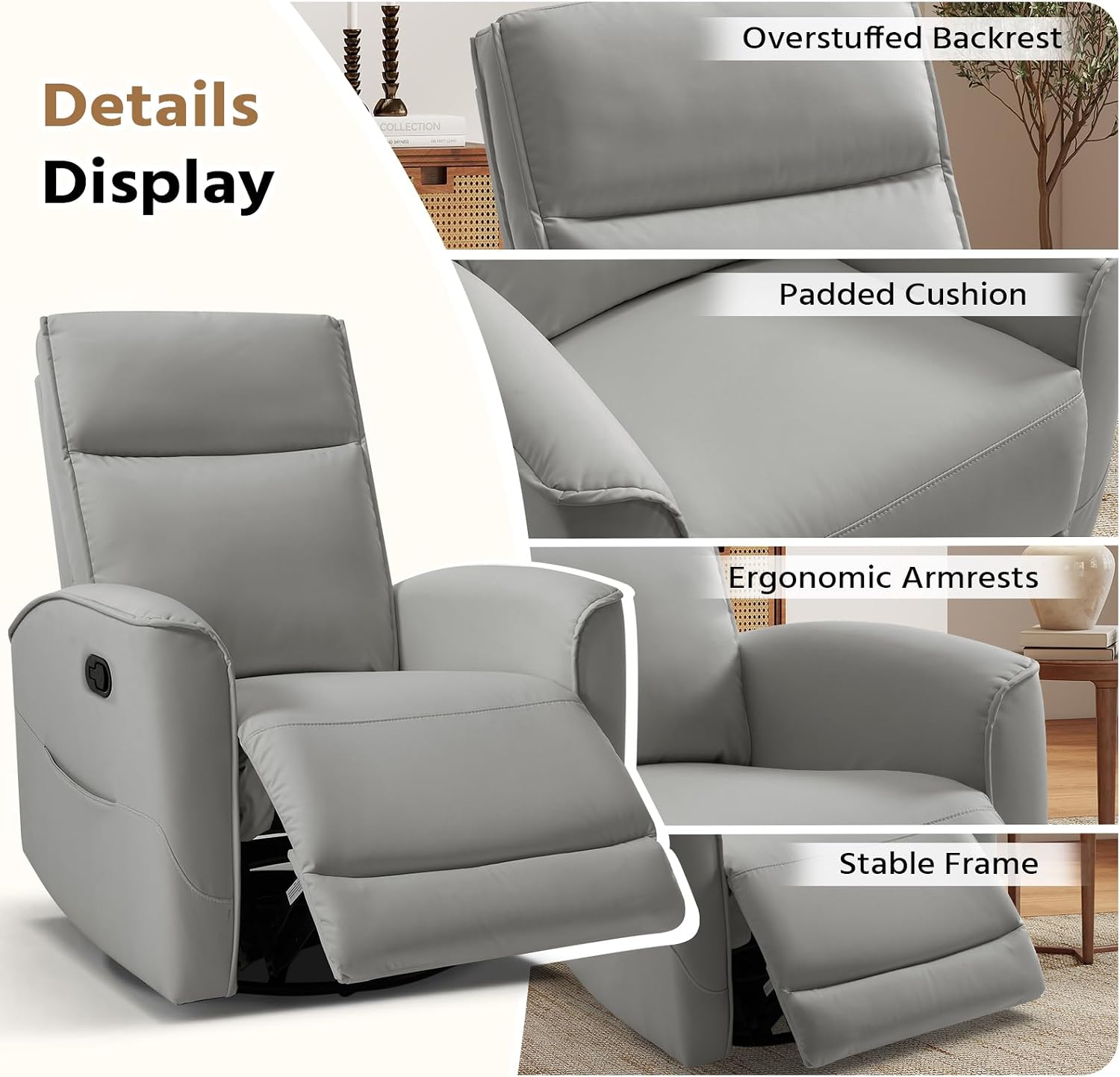 HAOMARKETS Swivel Rocker Recliner Chair Set of 2, Manual Faux Leather Glider Rocking Recliners for Adults, 360° Swivel Nursery Reclining Sofa with Storage Pocket