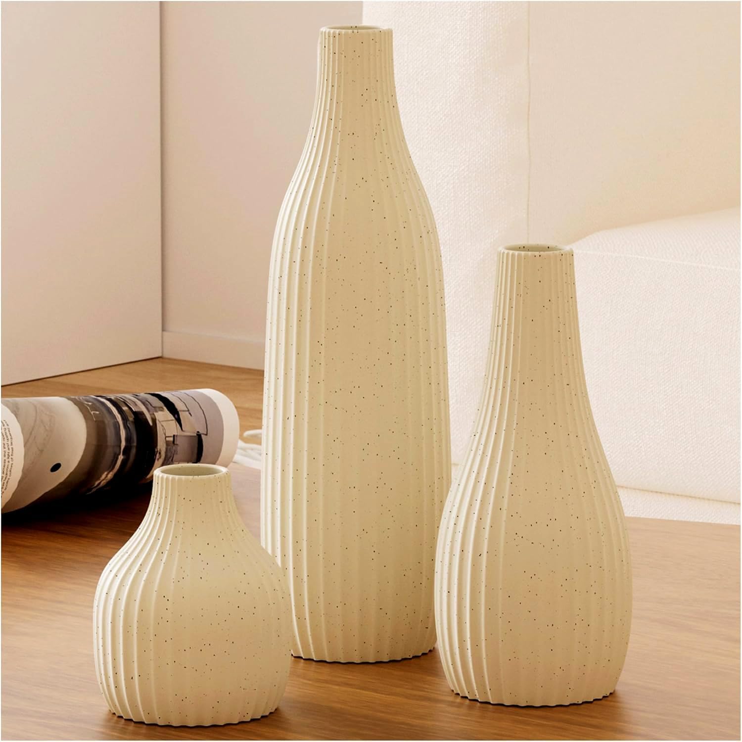Decorative Flower Vase Set of 3 - Modern Boho Style Beige Vases, Ribbed Textures Ceramic Vase for Home Decor Shelf Bookshelf Mantle TV Stand Entryway Console, Dining Table Centerpiece Decor