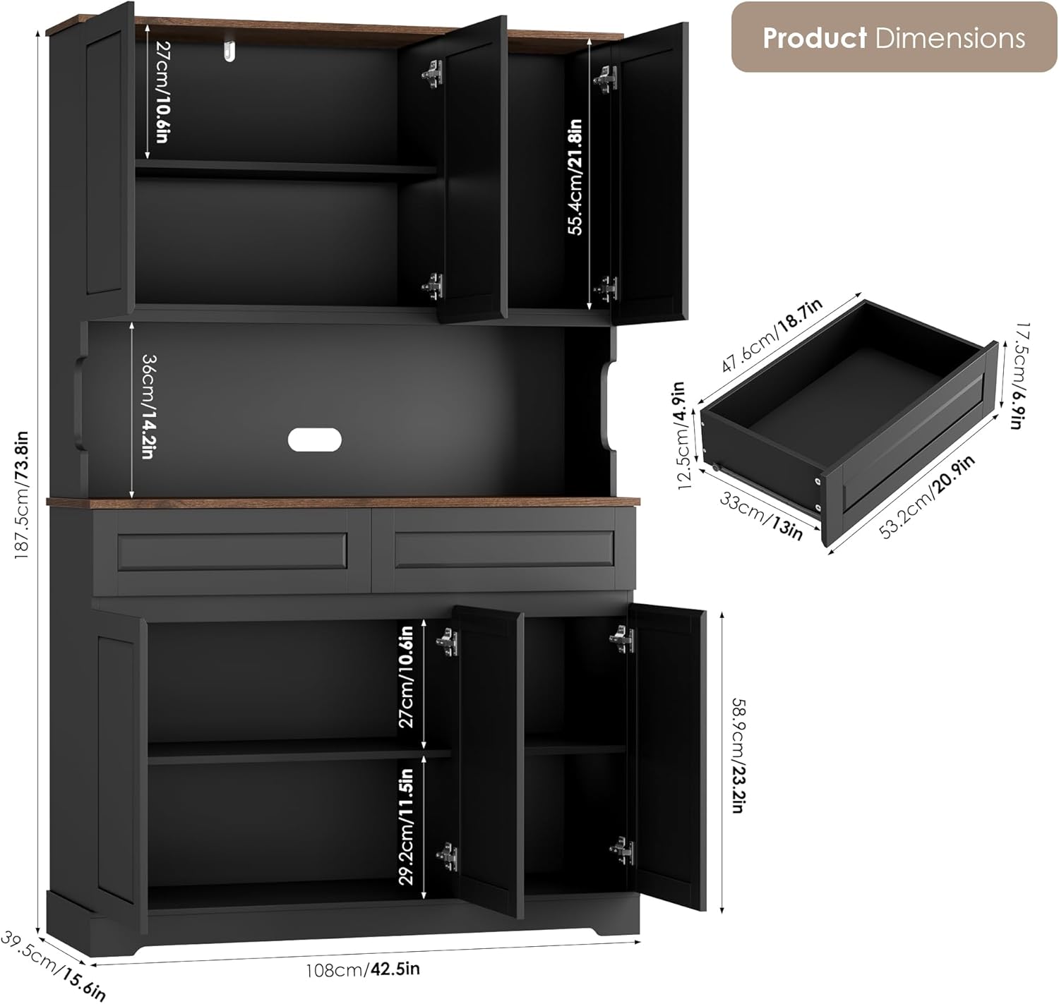FACBOTALL 74" Pantry Cabinet, Tall Kitchen Pantry Cabinet with 6 Doors and 2 Drawers, Kitchen Hutch with Wide Countertop, Modern Kitchens Cupboard with Adjustable Shelves and Charge Holes, Black
